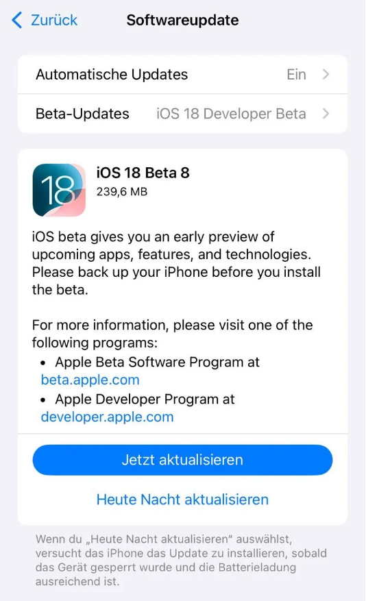 薛城苹果手机维修分享苹果 iOS / iPadOS 18 开发者预览版 Beta 8 发布 